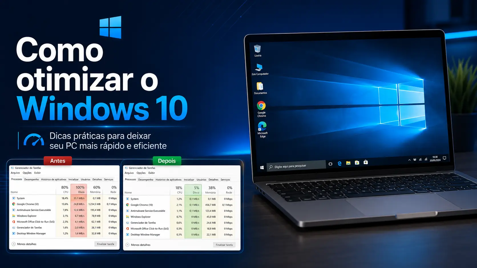 Área de trabalho do Windows 10 otimizado e sem lentidão