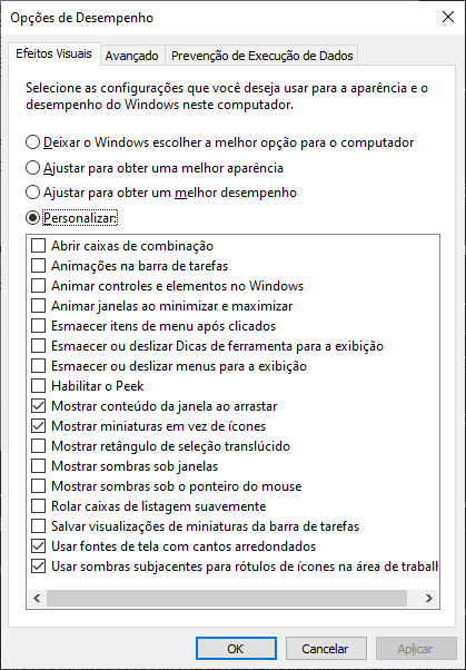 Ajustando os efeitos visuais do Windows 10 para melhor desempenho
