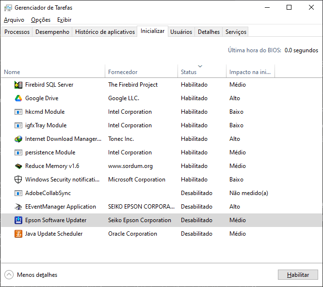 Desativando programas de inicialização no Gerenciador de Tarefas do Windows 10