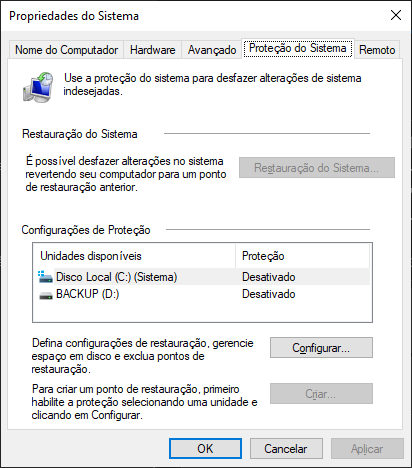 Criando um ponto de restauração no Windows 10 antes da otimização